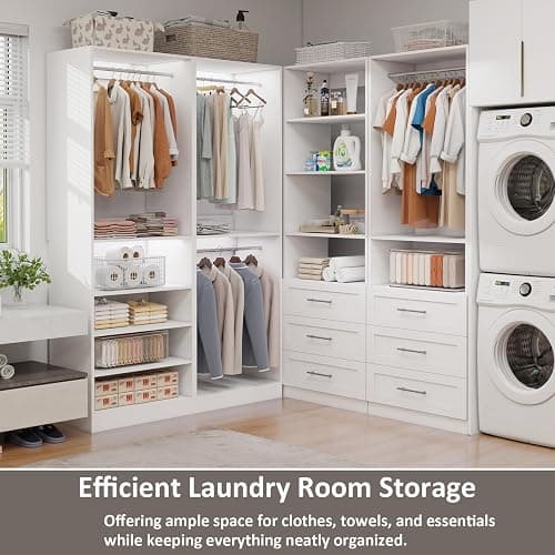 Secilix 8FT Modular Closet System with 6 Drawers, Walk-in Closet Organizer System with 8 Expandable Hanging Rods & Adjustable Shelving Towers, Heavy Duty Wood Closet Storage for Bedroom, White(4 sets) thumbnail 6