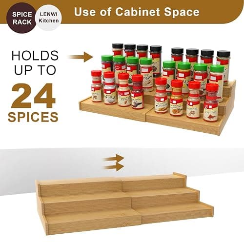 Lenwi Spice Rack Organizer for Cabinet, 3 Tier Expandable Bamboo Spice Storage, Great for Kitchen Cabinet, Cupboard,Pantry and More thumbnail 7