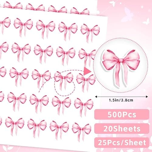 500Pcs Bow Pink Sticker,Watercolor Decor Vintage Waterproof Bow Aesthetic for Girls Scrapbook Crafts Laptop Party Favors Windows Water Bottle Decoration thumbnail 3