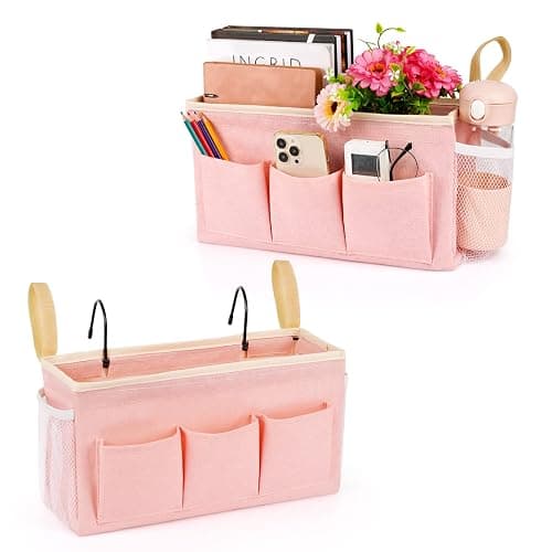 Lilithye Bedside Caddy Bedside Organizer Bedside Storage Caddy with Fixed Straps and Water Bottle Holder for Home College Dorm Bunk Bed Hospital Bed Crib Bed Rails (2pcs Pink) - Image 1