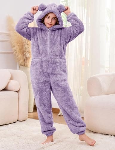Flygo Girls Fleece Jumpsuits Fuzzy Hooded Rompers Kids Zip up Onesie Romper Costume Warm Winter Clothes 5-14 Years thumbnail 5