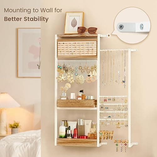 Pinzoveco Hanging Jewelry Organizer Wall Mounted, Large Hanging Jewelry Organizer Holder for Necklaces,Bracelest,Earrings,Rings,Watched,Makeup & Perfume (White) thumbnail 3