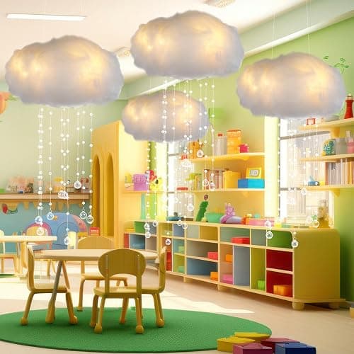 Marsui Artificial Cloud Props LED Hanging Cloud Light String Fake Imitation 3D Cotton Classroom School Decor Raindrop for Room Ceiling Baby Shower Party Wedding Nursery Classroom Wall DIY Decor(4 Pcs) thumbnail 4