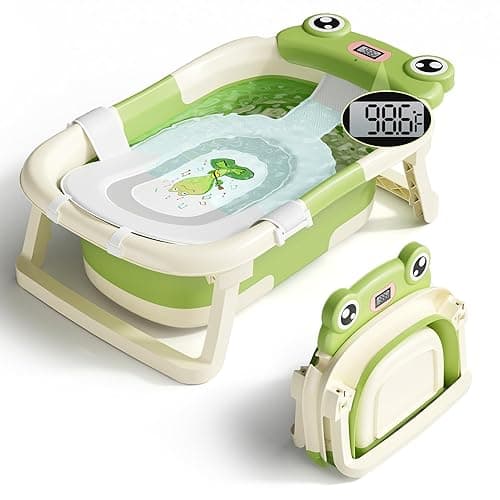 BUNWAG Baby Bathtub, Collapsible Newborn Bathtub for Infant to Toddler 0-24 Months with Soft Cushion and Thermometer,Portable Travel Newborn Tub with No-Slip Feet, Baby Shower Gifts,Green