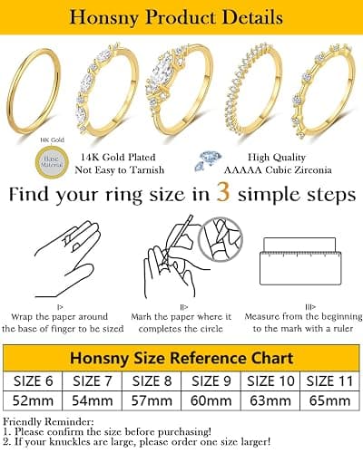 Honsny Stackable Gold Rings for Women Non Tarnish Engagement Wedding Bands | 18K Gold Plated, Cubic Zirconia Stacking Rings, Thumb Ring Set, Thin Eternity Promise Wedding Bands, Size 6 7 8 9 10 11 thumbnail 6