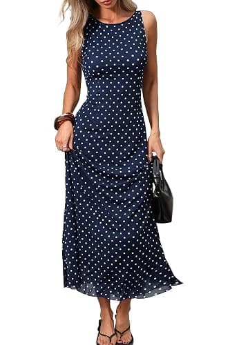 ELLEVEN Women’s Polka Dot Maxi Tank Dress, Sleeveless Boat Neck Bodycon Slim Fit Elegant Long Dress - Image 1