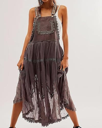 ebossy Women's Laced Embroidered Tulle Bib Dress Casual Loose Adjustable Straps Maxi Dress thumbnail 4