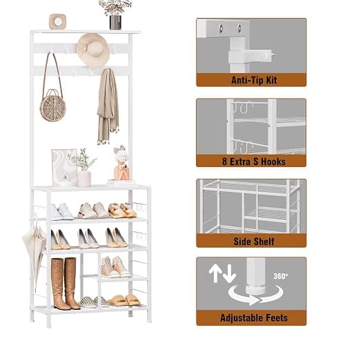 GiftGo Modern White Large 5-Tier Hall Tree Entryway Wooden Shoes Rack Shelf Coat Rack with Movable 9 Metal Hooks Storage Organizer for Home Office Bedroom Mudroom Living Room thumbnail 7