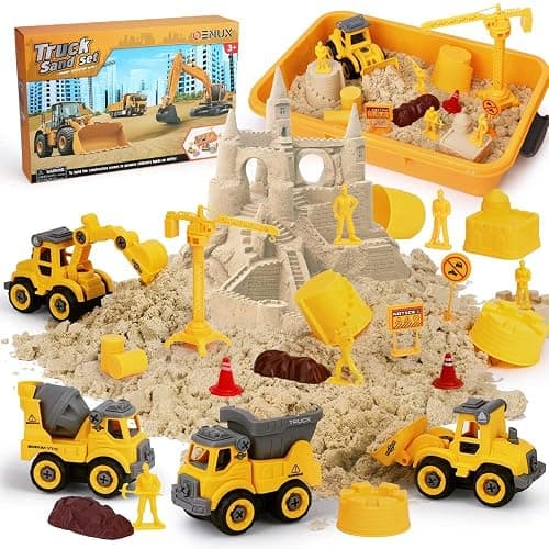 OENUX Play Sand Construction Set, Beach Building Castle Kit w/ 2.2lbs Play Sand, 4 Take Apart Construction Trucks Toys and Signs, Sensory Sandbox with Cover for Boy Girl Kid Toddlers Age 3-8 - Image 1