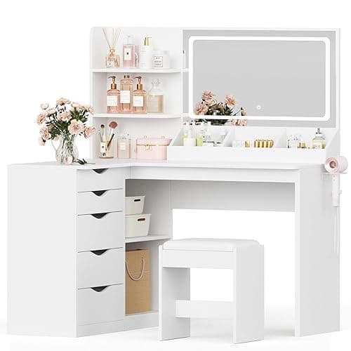 JUMMICO Makeup Vanity Desk with Mirror and Lights, L- Shaped Vanity, Modern Vanity Table with 5 Drawers & Adjustable Shelves, Power Outlet with Fast Charging, for Bedroom (White) thumbnail 9
