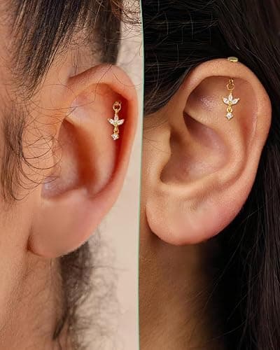 COCHARM 16G Flower Cartilage Earring Vertical Helix Piercing Jewelry, Flat Back Piercing Stud for Cartilage, Dangle Design, Gold and Silver Tone Lobe Helix Earring Stud thumbnail 2