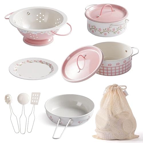 ROBUD Play Pots and Pans Sets for Kids Kitchen, Play Kitchen Accessories Pretend Cooking, Cartoon Pink Metal Pots and Pans Metal, Kids Kitchen Playset, Mini Toy Kitchen Accessories(9 Pieces) - Image 1