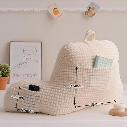 A Nice Night Reading Pillow Bed Wedge Large Adult Children Backrest with Arms Back Support for Sitting Up in Bed/Couch for Lounging Bedrest,Waffle Stereoscopic Design,Ivory thumbnail 5