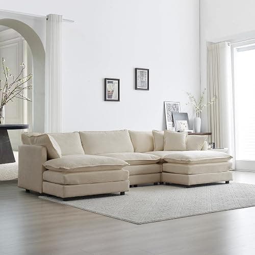 mikibama Modular Sectional Sofa, 111.5 Inch U Shaped Couch Set for Living Room, 3-Seater Comfy Cloud Couches with Movable Ottoman, DIY Combination, Chenille, Light Coffee thumbnail 8