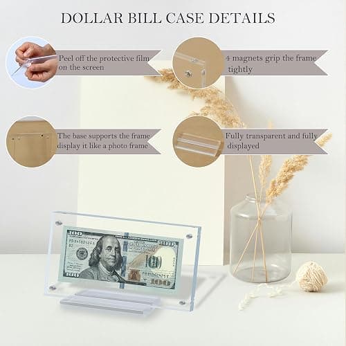 2Pcs Dollar Bill Frame Display Acrylic Dollar Bill Holder for Collectors Currency Frame Display Case Double-Sided Transparent Ticket Banknotes Stamp Photo Protector(Transparent-2) thumbnail 6