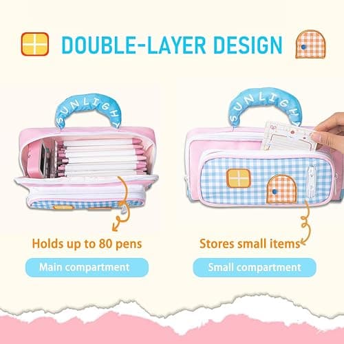 FOSDICK Cute Pencil Case for Girls, Kawaii Pencil Cases, Pink Pencilcase with compartments, Pencil Pouch with Handle, for Girls Student Teenage School Office, with 4 Pencil Grips and 2 PP Clips thumbnail 4