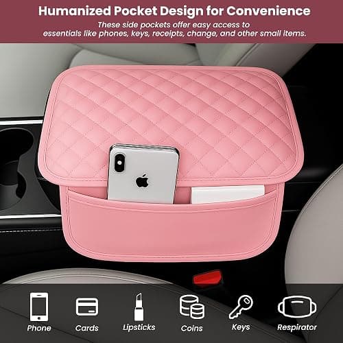 DSCARCovers Upgraded Car Center Console Cover Pink,Microfiber Leather Car Armrest Cover Cushion with 2 Storage Bags,Universal Car Armrest Storage Box Car Interior Accessories for Most Vehicles (Pink) thumbnail 3