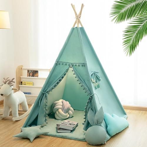 RONGFA Teepee Tent for Kids with Mat, Star Lights, Carry Case, Cotton Canvas Playhouse, Foldable Tents, Portable Children Play Tent Indoor Outdoor (Jewelry Blue) - Image 1