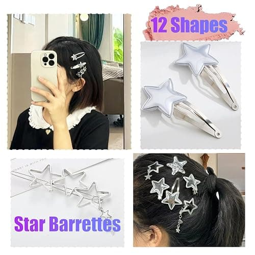 20pcs Silver Hair Clips for Women,Y2K Star Hair Clips,Metal Barrettes 12 Shapes Pentagram Bobby Pin for Girls Styling Star Hairpin Cool Hairpin Set thumbnail 3