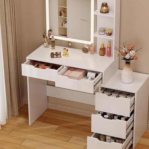 Aiho Makeup Vanity Desk with Mirror & Lights, 43.5" Table with 5 Drawers & Shelves, Adjustable Brightness & 3 LED Modes - Dressing Table Set for Bedroom, White thumbnail 5