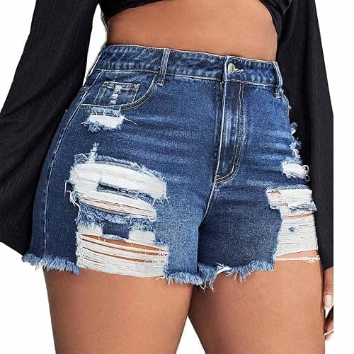 MapleHub Plus Size Denim Shorts Women High Waisted Ripped Folded Hem Jean Shorts - Image 1