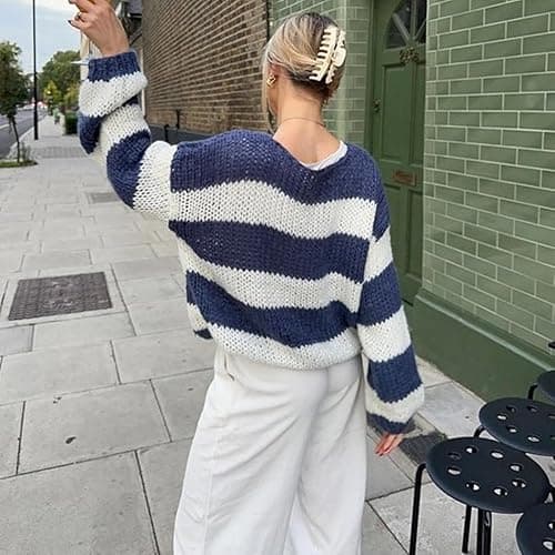 Women's Knit Striped Sweater Oversized Color Clock Long Sleeve Crewneck Pullover Jumpers Cute Trendy Sweater thumbnail 3