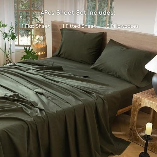 MooMee Bedding Sheet Set 100% Washed Cotton Linen Like Textured Breathable Durable Soft Comfy (Solid Olive Green, Queen) thumbnail 2