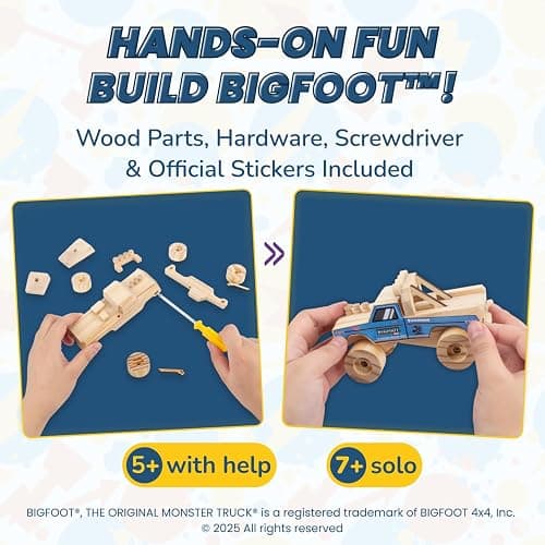 DIY Bigfoot 1 Monster Truck Wooden Kit w/Stickers (Small 5")- Officially Licensed Kids Building Kit - Wood Building Kits for Kids & Stem Toys for Ages 5-8 Years - Arts & Crafts Kits for Children thumbnail 3