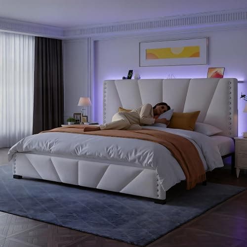 EnHomee Queen Bed Frame and Headboard, Velvet Upholstered Bed Frame Queen Size with Charging Station and LED Lights, Platform Bed Frame for Bedroom, Apartment, Dorm, Noise-Free, Easy Assembly, Beige thumbnail 5