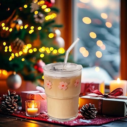 Olvini 13oz Glass Tumbler with Straw and Lid, Reusable Iced Coffee Cup Tumbler, Cute Glass Cups for Water, Matcha, Travel Coffee Mugs (Pink Flower) thumbnail 2