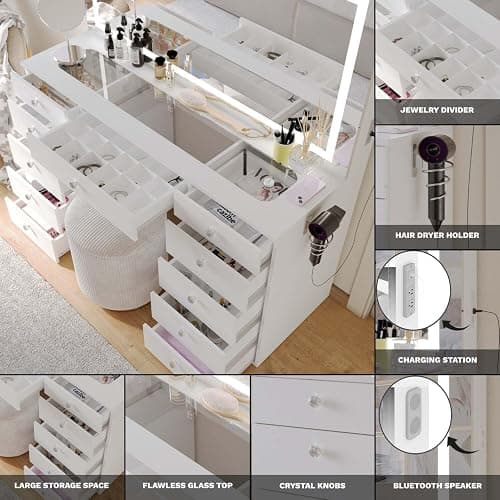 Boahaus Orla Modern Makeup Vanity Desk with Built-in Light Bulbs, USB Port, Power Outlet, 11 Drawers, Hollywood Vanity Mirror, Glam Glass Top, White/Crystal thumbnail 3