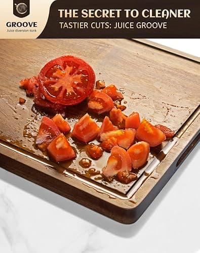 Large Acacia Wood Cutting Board for Kitchen, 17x12 Inch Reversible Wooden Chopping Board Charcuterie Board with Juice Grooves and Handle for Meat, Cheese, Vegetables, Fruits, Bread thumbnail 4