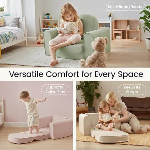 Tiny Land 2-in-1 Foldable Kids Couch with Pockets – Soft Thick Toddler Sofa, Lounger Couch, Convertible Kids Chair for Playroom, Bedroom or Living Room, Gift for Boys & Girls(Green) thumbnail 6