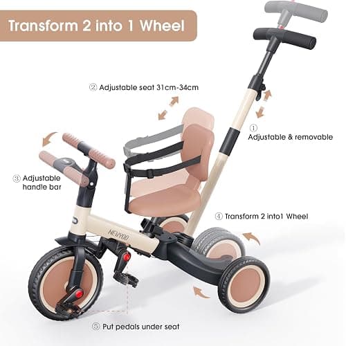 newyoo Toddler Tricycle with Push Handle for 1-3 Year Old, Toddler Bike, Birthday Gift and Toy for Boys and Girls, 5 in 1 Kids Trike, Balance Bike with Backrest and Safety Belt, Khaki, TR007 thumbnail 5