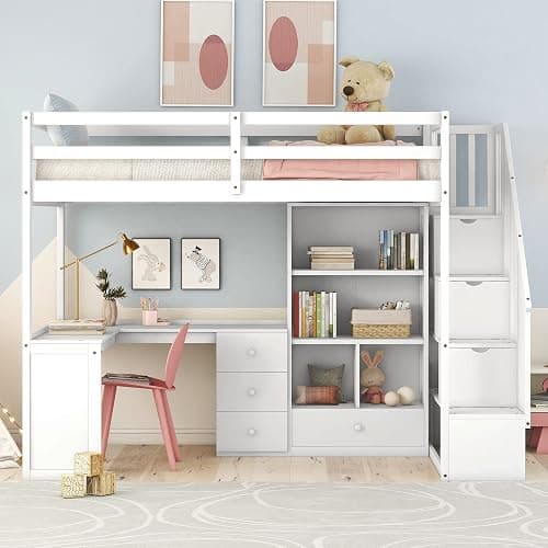 Harper & Bright Designs Twin Size High Loft Bed with L-Shaped Desk, Wood Twin Loft Bed with Storage Drawers and Cabinets, White - Image 1