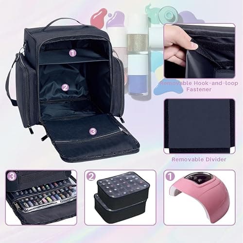 YAHOURWAT Nail Polish Organizer Holds 60 Bottles and a Nail Lamp,Portable Travel Case with 2 Removable Bags and Tools Storage Pockets Black thumbnail 2