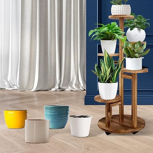 GEEBOBO 5 Tiered Tall Plant Stand for Indoor, Wood Plant Shelf Corner Display Rack, Multi-tier Planter Pot Holder Flower Stand for Living Room Balcony Garden Patio (Walnut) thumbnail 7