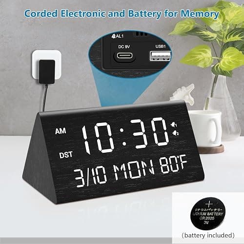 Kogonee Wooden Digital Alarm Clock, 0-100% Dimmer, 2 Alarm Settings, Weekday/Everyday Mode, 9 Mins Snooze, 12/24H, Temperature and Date Display for Office, Travel, Bedroom Alarm Clock (Black) thumbnail 3