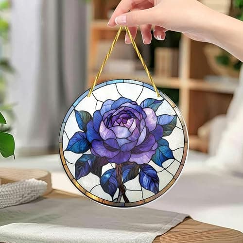 Cafemira Acrylic Wall Accents,Stained Glass of a Purples Rose,Shatterproof Acrylic Wall Hangings,Round Artwork,Home Decor for White Walls,Make Your Space More Personalized,12x12 inch Easy to Hang thumbnail 4
