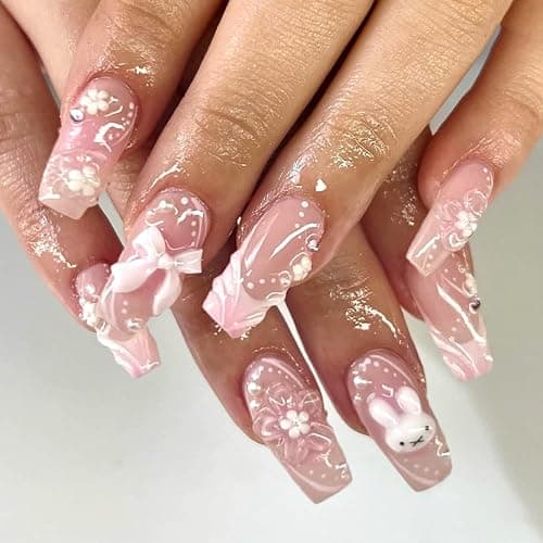 Mivota Soft Gel Press On Nails Long Coffin Pink 3D Flower Bow Bunny Design, Reusable Glue On Fake Nails for Women, Cute Kawaii Salon Manicure Set 24PCS - Image 1