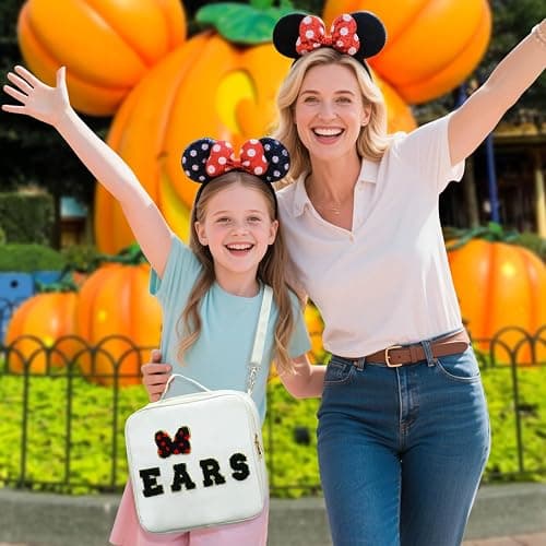Chenille Letter Bow Mouse Ears Travel Case, Park Ears Headband Holder Hair Accessories Organizer Bag for Girls Women Kids Adults, Large Makeup Bag Snack Bags with Zipper for Travel Picnic - White thumbnail 2