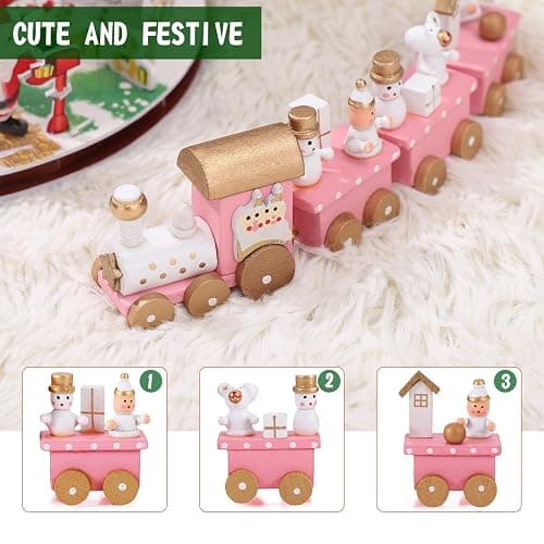 NUOBESTY Winter Wonderland Wooden Mini Train Set for Christmas Party Decorations Under Tree Pink thumbnail 5