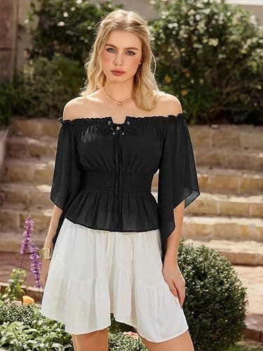 Scarlet Darkness Women Renaissance Shirt Off Shoulder Bell Sleeve Tops | Smocked Waist, Comfortable Chiffon, Elastic Neckline, for Ren Faire, Peasant, Pirate, Halloween Costume thumbnail 3