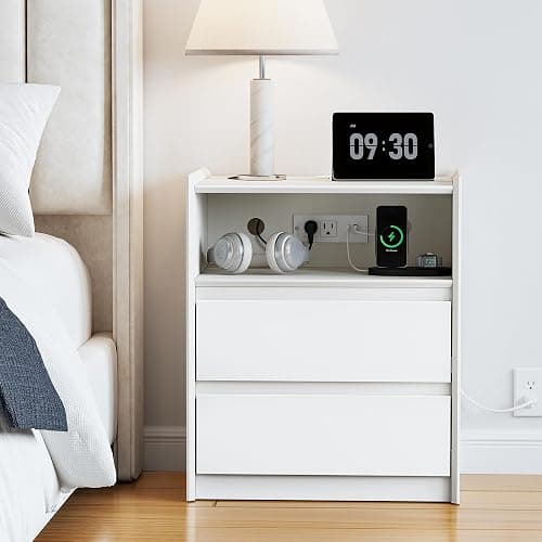 FurniXpress 24" Tall White Nightstand with Charging Station, 2 Drawer Modern Bedside Table with Tray Top, USB & Type-C Ports, AC Outlets, and Open Shelf for Bedroom or Living Room thumbnail 7