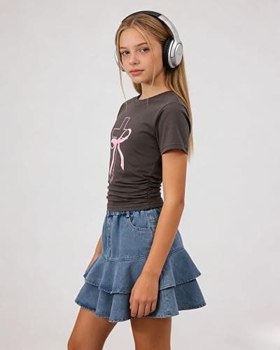 Cakaner Tween Girls Skirt Set Short Sleeve T-Shirt and Ruffle Tiered Denim Skirt Summer Casual 2 Piece Outfit Size 7-14 thumbnail 4