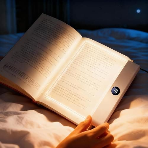Book Light for Reading in Bed at Night, Rechargeable Smart LED Flat Book Light with dimmable 3 Colors & Timer, Glow Panel Night Reader, Clear Book Full Page Light Illuminator (White) - Image 1