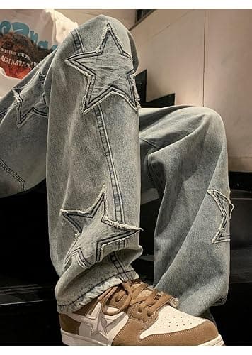 Y2K Vintage Men Korean Blue Streetwear Oversize Star Aesthetic Straight Trousers Wide Leg Jeans Grunge Denim Pants thumbnail 4