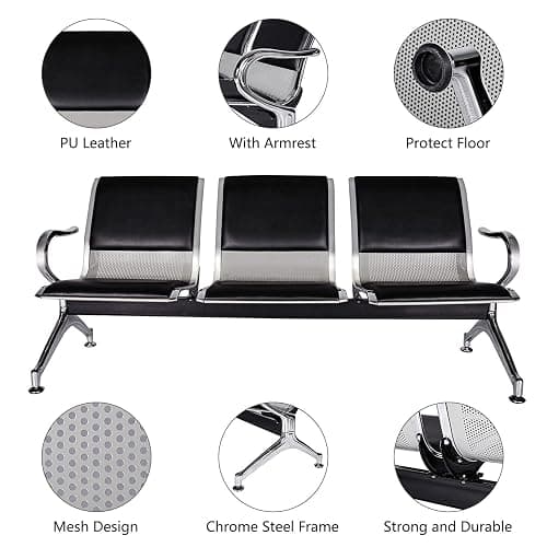 Waiting Room Chairs Guest Reception - 3-Seat Waiting Room Bench with Arms Airport Reception Bench Guest Reception Chairs PU Leather Office Chair for Airport Market Bank Hospital School, Black - Black Leather - 3-seater thumbnail 4