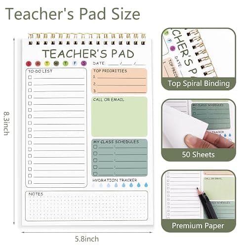 Newkita Teacher To Do List Notepad, 8.3x5.8 Inch Teacher Notepad, Spiral Checklist Notebook for Class Schedules, Daily Planner, School Tasks and Goal Setting (Green) thumbnail 2