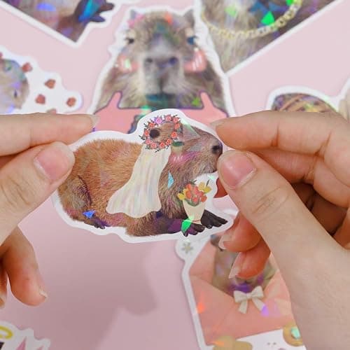Capybara Stickers, 108 PCS Funny Vinyl Waterproof, Meme Animals Holographic Decals Stickers for Laptop, Water Bottles, Capy Birthday Decorations, Gifts for Capybara Lover thumbnail 8